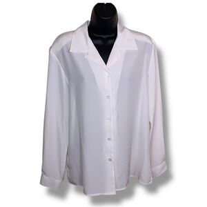 Vintage Large Notations White Button Up Long Sleeve Blouse Top Vneck Collar